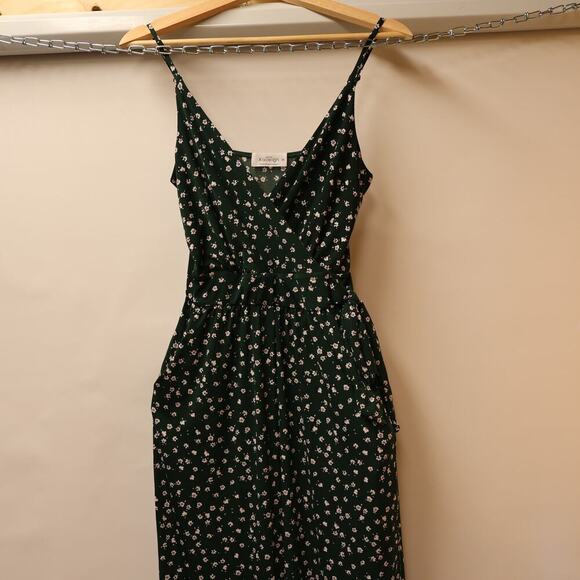 Kaileigh XSP Tall Jumpsuit Spaghetti Straps Green Floral Tie Waist Front Pocket - Picture 6 of 16